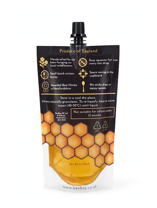 BeeBoy Honey Pouch 340g back label and product details
